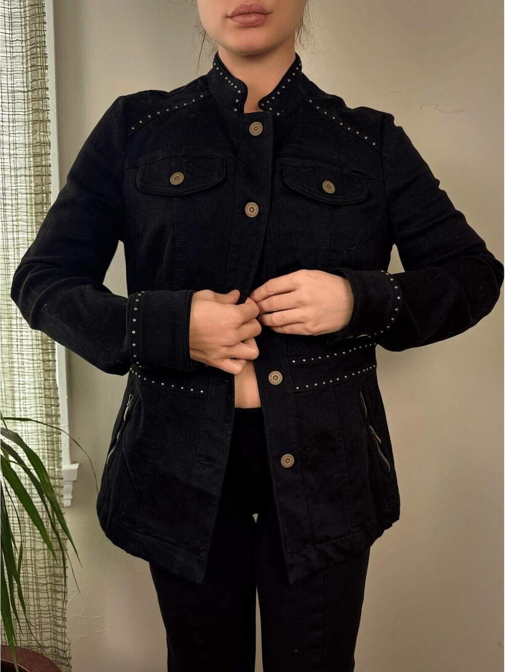 WHBM Black Studded Military Denim Jacket Size 6